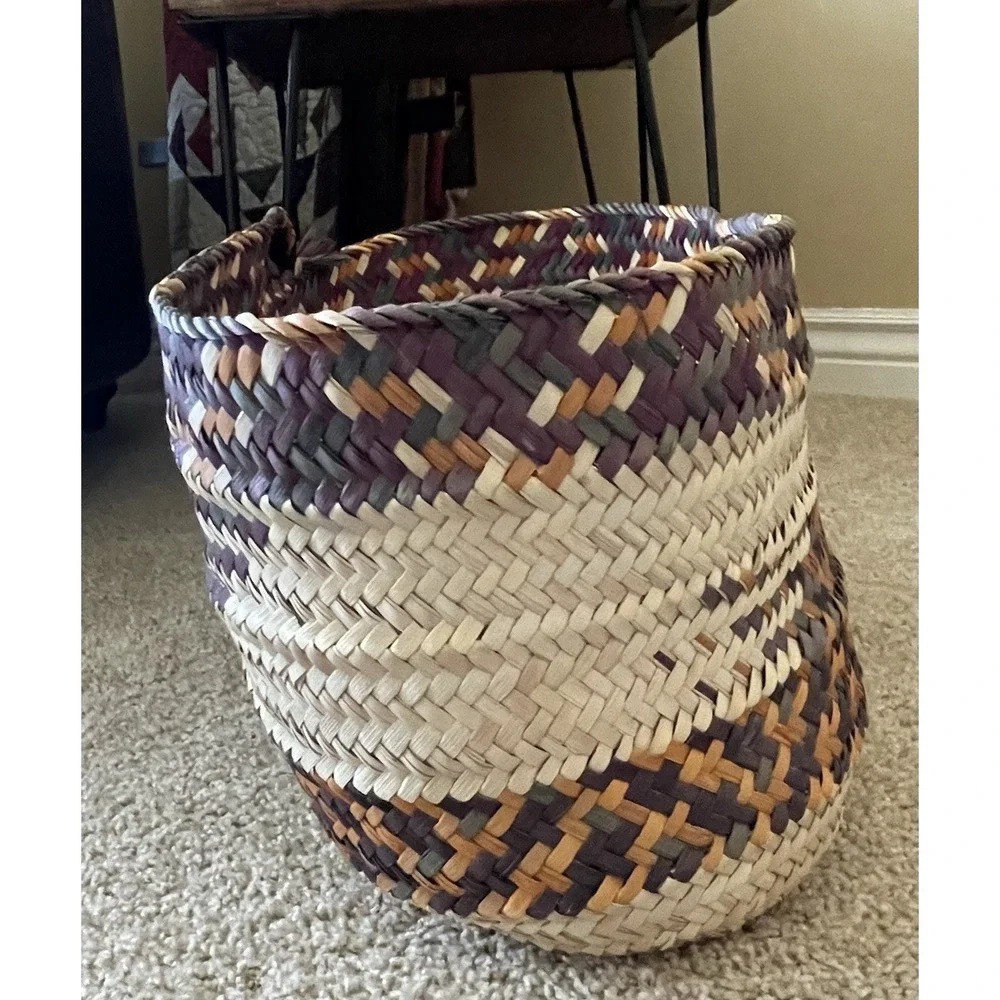 Boho Woven Baskets 2 Large Orange Purple Green Striped Open Storage Vtg Rattan